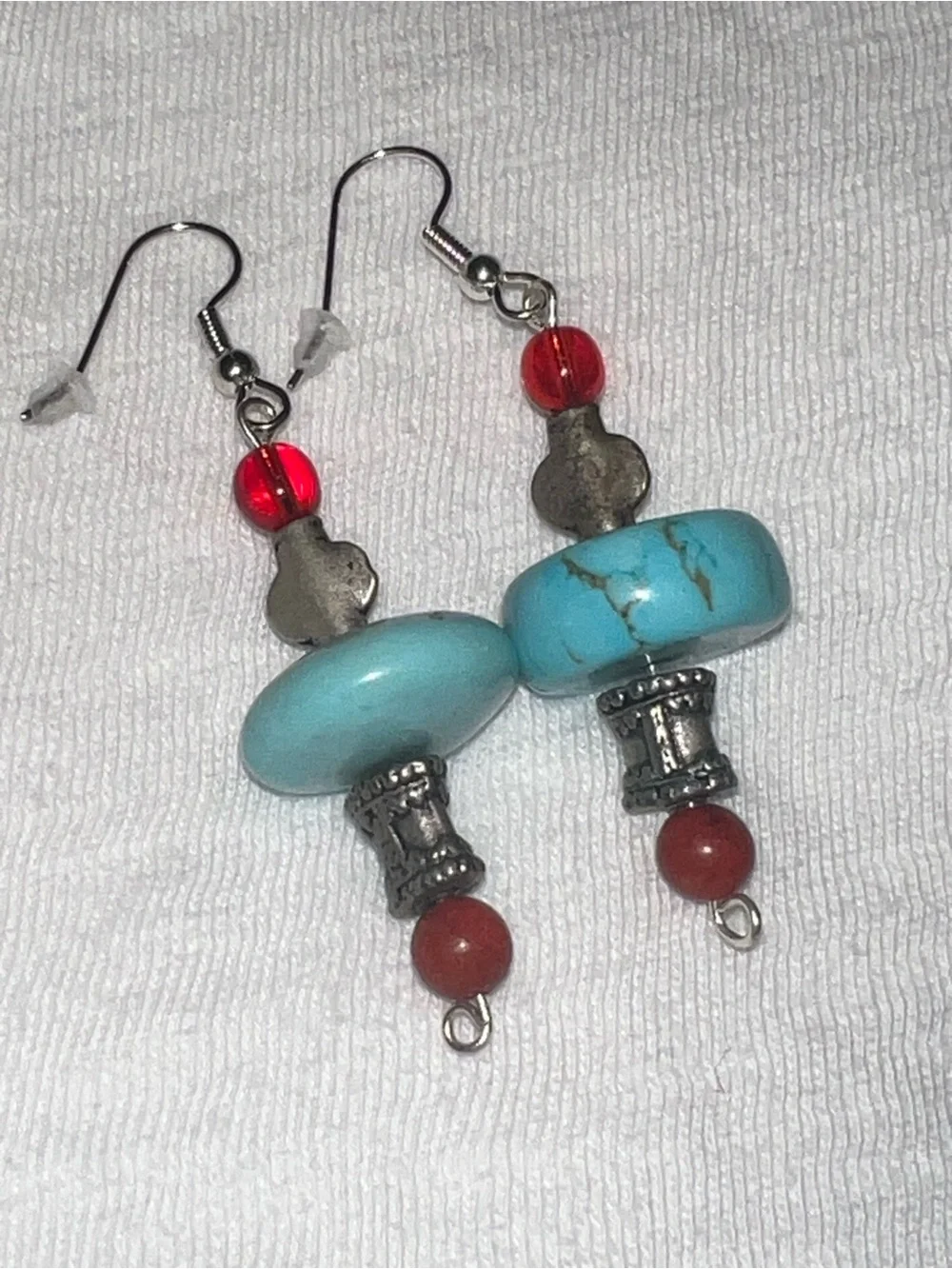 Turquoise & Red Bead Drop Earrings - Boho Chic